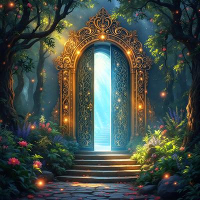 The primary subject of the image is a large, ornate doorway with a golden door, surrounded by a forest. The setting is a forest with trees and flowers, creating a serene and natural atmosphere. The visual style is digital art, as the doorway appears to be a part of a fantasy or fairy tale scene. The colors and mood are warm and inviting, with the golden door and surrounding flowers adding a sense of magic and wonder to the scene.